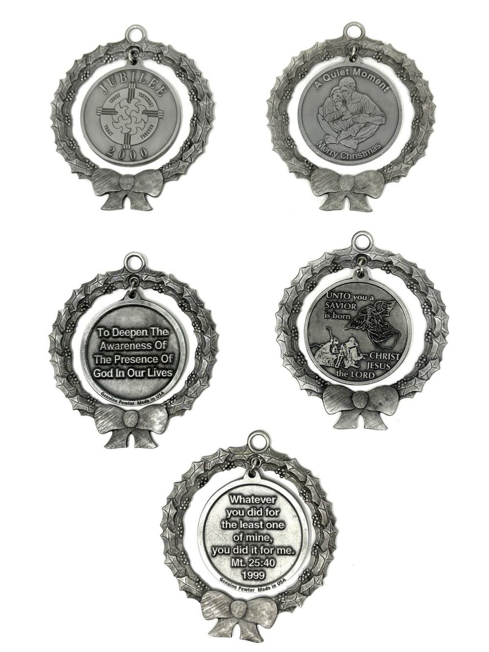 VTG Lot St. Vincent de Paul Catholic Church Pewter 5 Christmas Ornaments 2.5"